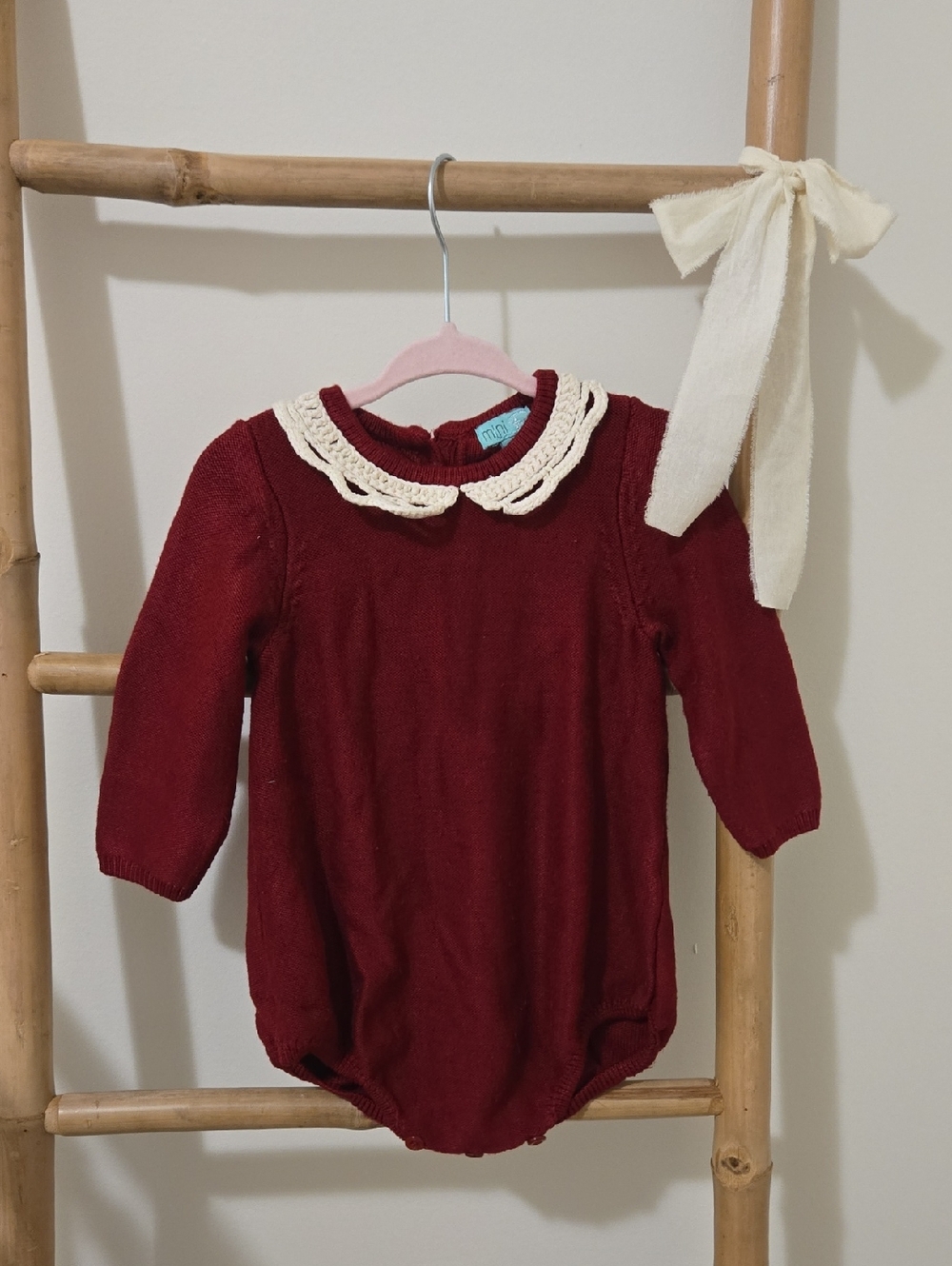 Maroon Knit Baby One-Piece with Cream Crochet Collar by Mimo